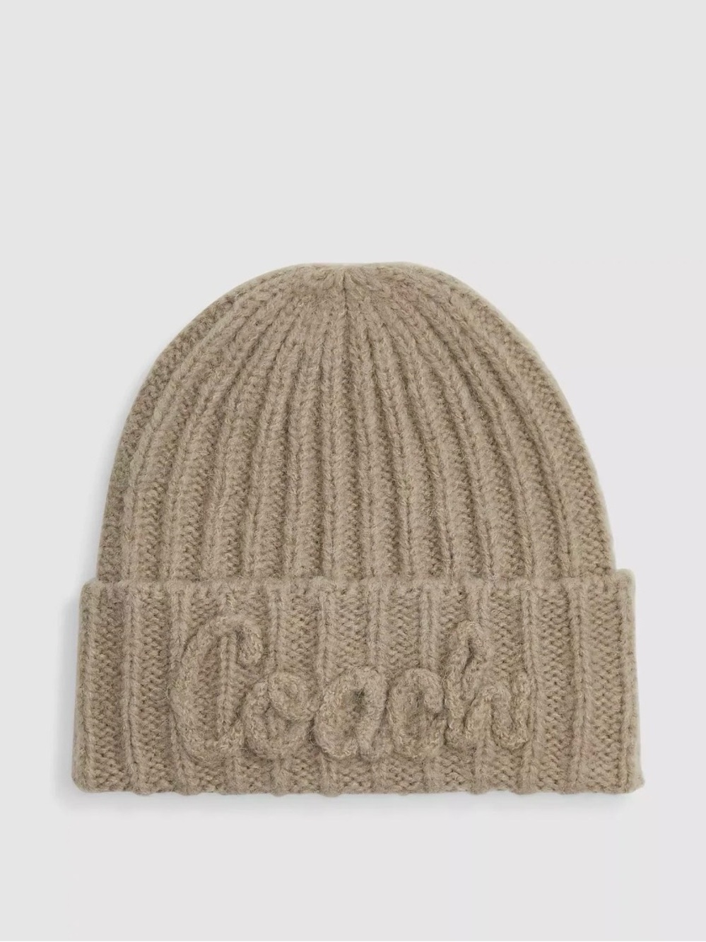 Coach Ribbed Cable-Knit Foldover Beanie in Taupe